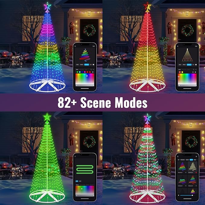 9.5FT Lighted Outdoor Christmas Tree Smart App Control, RGB Chirstmas Cone Tree Lights Music Sync, DIY Prelit Christmas Tree Lightshow, Magical Xmas String Lights Timer Remote for Indoor Outdoor Decor