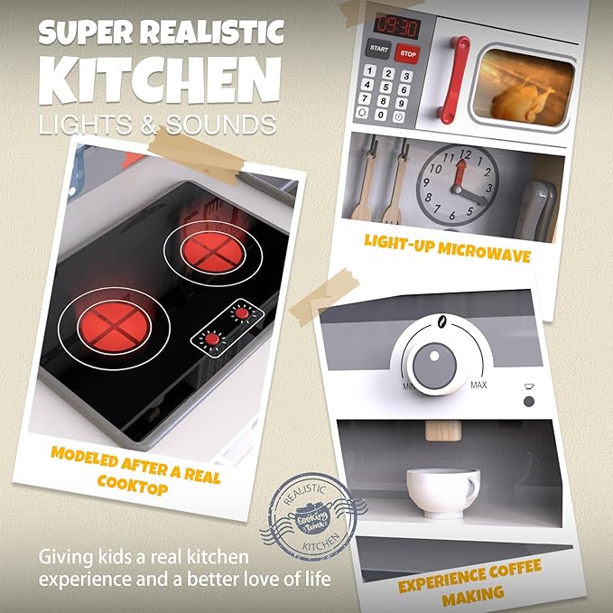 JOYOOSS Play Kitchen for Kids,Wooden Kids Kitchen Playset Toy Toddler Play Kitchen Set for Toddlers 3+ with Real Lights & Soundswith Cookware Accessories