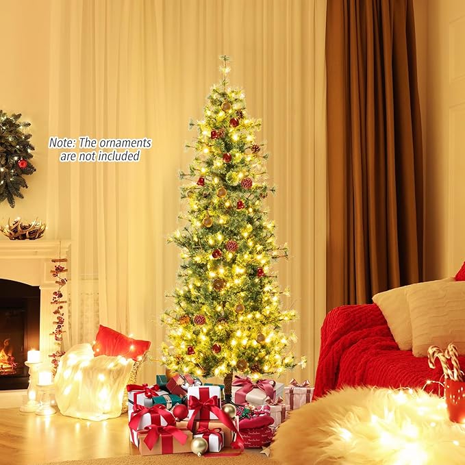 GOFLAME 7FT Pre-lit Christmas Tree, Artificial Xmas Tree with 300 Warm White LED Lights, 502 Branch Tips, Withered Branches, Pine Needles & 28 Pine Cones, Holiday Decoration Tree for Home Party