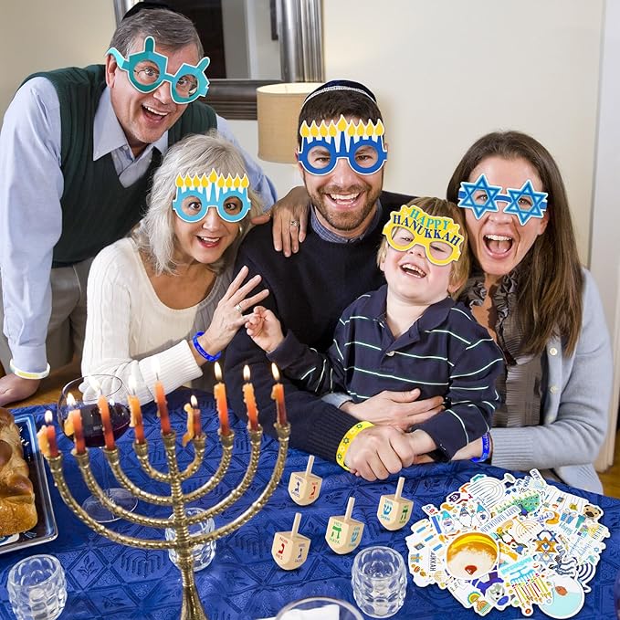 123Pcs Hanukkah Party Favors Silicone Bracelets Rubber Sets Chanukkah Wooden Gyro and Sticker Kits Hanukkah Wristbands and Paper Glasses Party Gifts for Adults Chanukkah Decorations Accessories