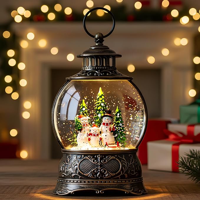 Christmas Snow Globes Christmas Water Lantern with Snowman Family with sled Christmas Tree Music & 6H Timer, USB Lined/Battery Operated Lighted Lanterns for Xmas Festival Decoration Gifts