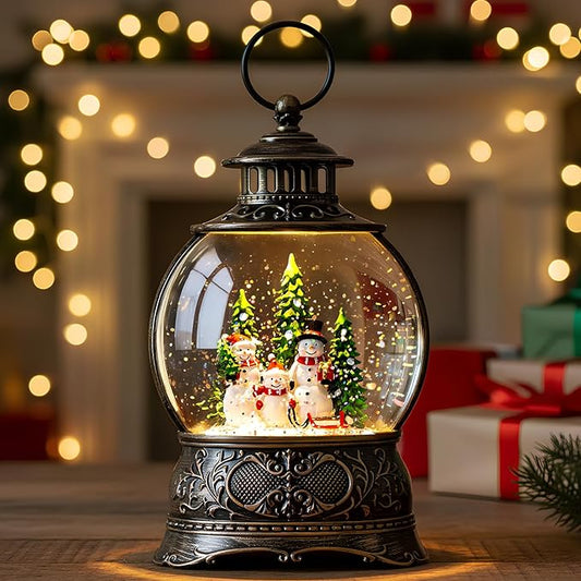 Christmas Snow Globes Christmas Water Lantern with Snowman Family with sled Christmas Tree Music & 6H Timer, USB Lined/Battery Operated Lighted Lanterns for Xmas Festival Decoration Gifts
