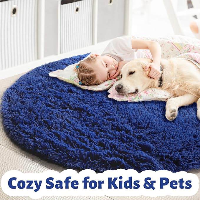 Navy Blue Round Rug 6Ft for Boys Bedroom, Large Fluffy Fuzzy Circle Area Rugs for Kids Playroom, Living Room Decor Aesthetic, Cute Shaggy Plush Floor Royal Dark Blue Carpet for Dorm Teen Baby Nursery