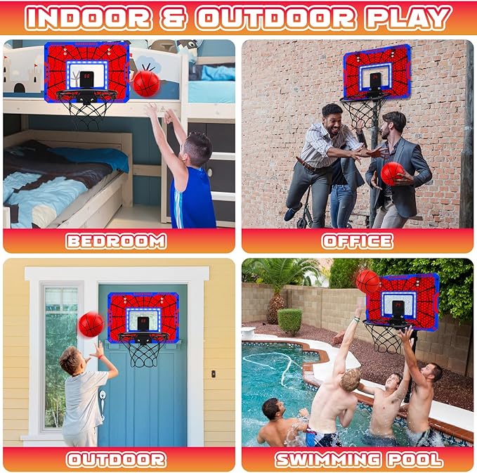 Basketball Hoop Indoor, Mini Basketball Hoop LED with 3 Balls and Scoreboard, Over The Door Basketball Hoop, Basketball Kids Toys Gifts for 3 4 5 6 7 8 9 10 11 12 Year Boys (Red Spider Web Pattern)