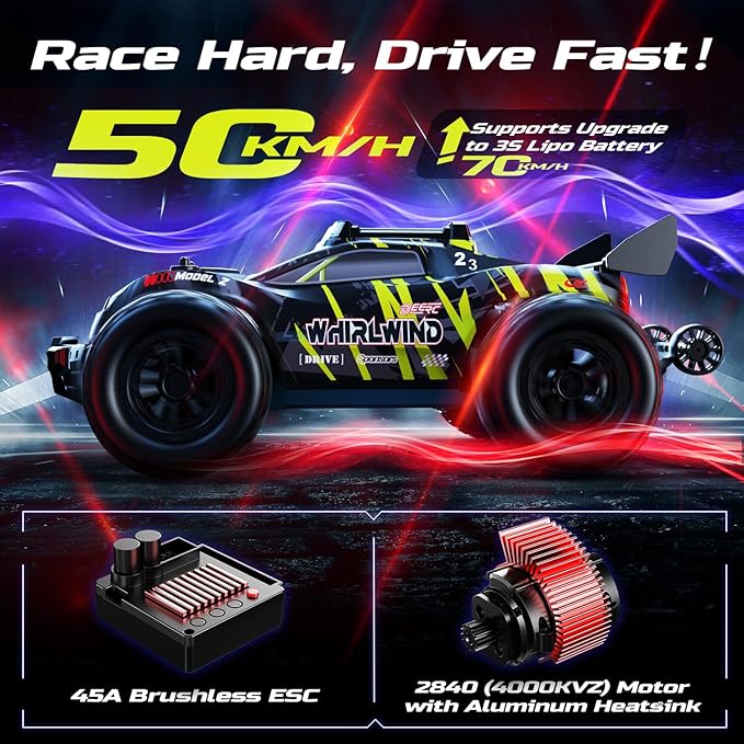 DEERC 1/14 Fast Brushless RC Car for Adults, 43 MPH High Speed 4x4 Off-Road RC Truck, Waterproof Monster Truggy, All Terrain Remote Control Drift Car for Boys 8-12, 2 Batteries, 3S Lipo Compatible