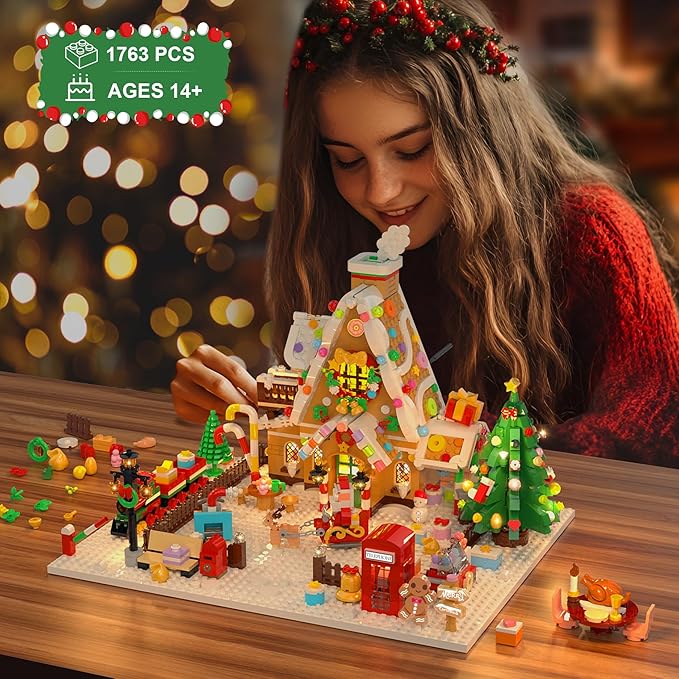 2025 Christmas Gingerbread House Courtyard Mini Building Set with Lights, Christmas Village Building Block Toy with Santa Xmas Tree Holiday Train Gift for Adults Boys Girls 14+ (1763PCS)