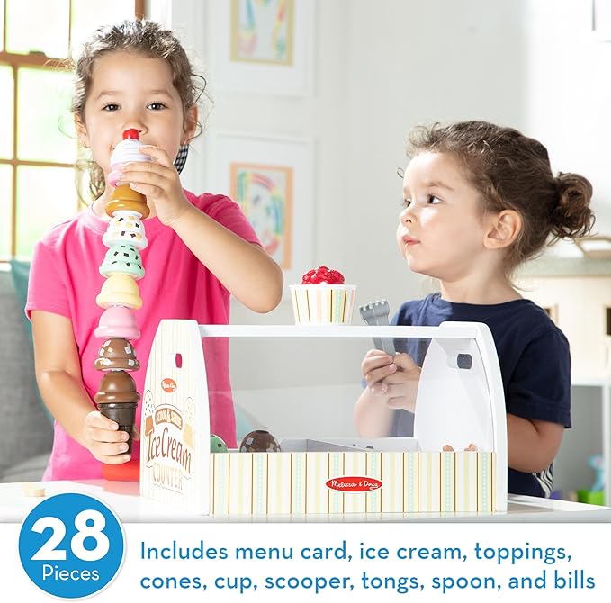Melissa & Doug Wooden Scoop and Serve Ice Cream Counter With Play Food and Accessories (28 Pcs) Pretend Food, Ice Cream Toys, For Kids Ages 3+