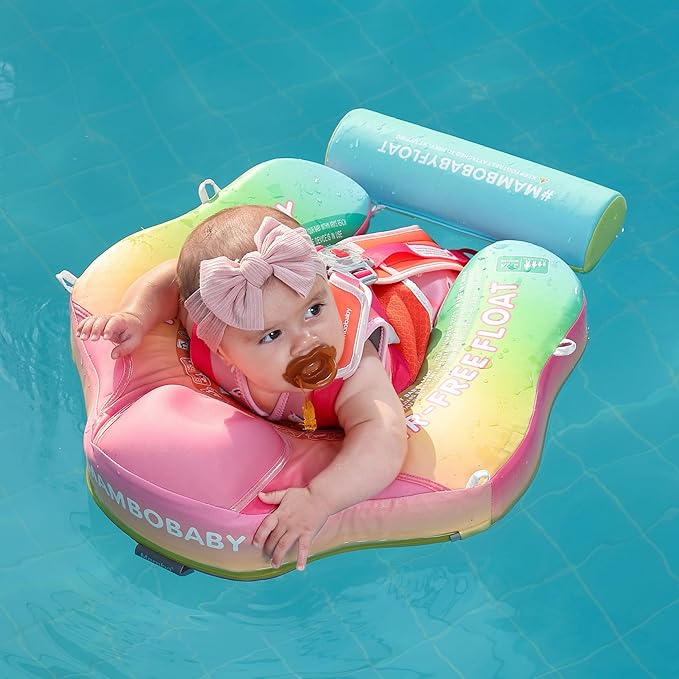 Mambobaby Float Add Tail Baby Swim Float with Canopy Solid Pool Infant Swim Trainer Swimming Training Lying Air Free Water Floats Non-Inflatable Waist Swim Ring for Toddlers (Rainbow)