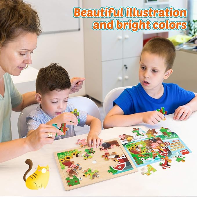 SYNARRY 24 Pieces Puzzles for Kids Ages 3-5, Farm Wooden Jigsaw Puzzles with Storage Tray, Educational Preschool Puzzles Toys Set for Toddler Boys and Girls