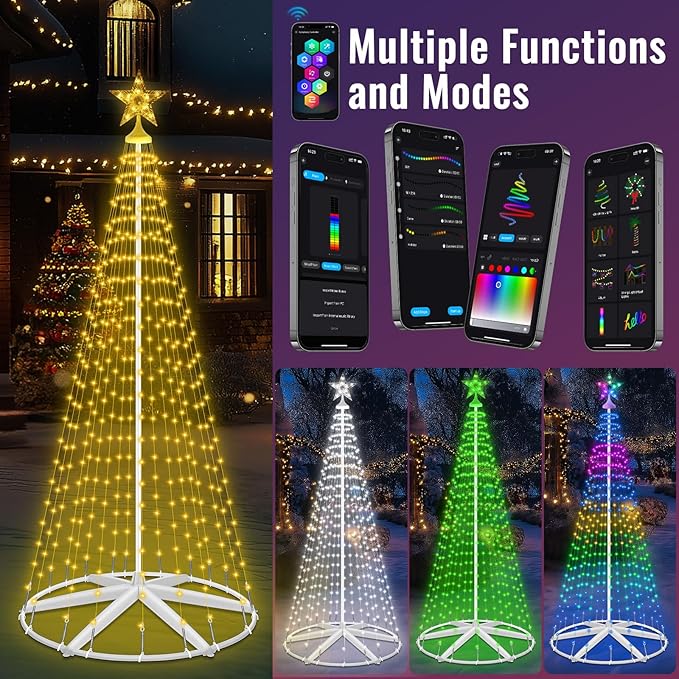 9.5FT Lighted Outdoor Christmas Tree Smart App Control, RGB Chirstmas Cone Tree Lights Music Sync, DIY Prelit Christmas Tree Lightshow, Magical Xmas String Lights Timer Remote for Indoor Outdoor Decor