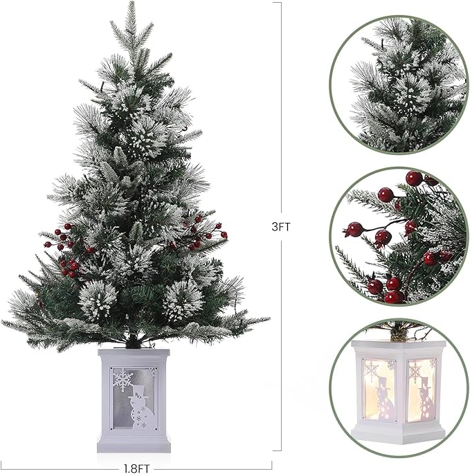 3FT Prelit Artificial Christmas Tree with Lights, 3 Foot Artificial Christmas Tree with Snowflake Base, 78 LED Prelit Christmas Tree, Battery Operated, Timer, Easy Assembly, Winter Holiday Decor