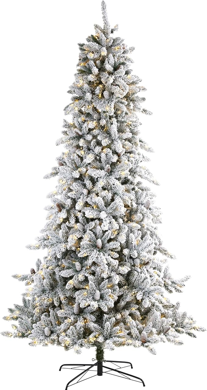 Nearly Natural 9ft. Flocked Livingston Fir Artificial Christmas Tree with Pine Cones and 650 Clear Warm LED Lights