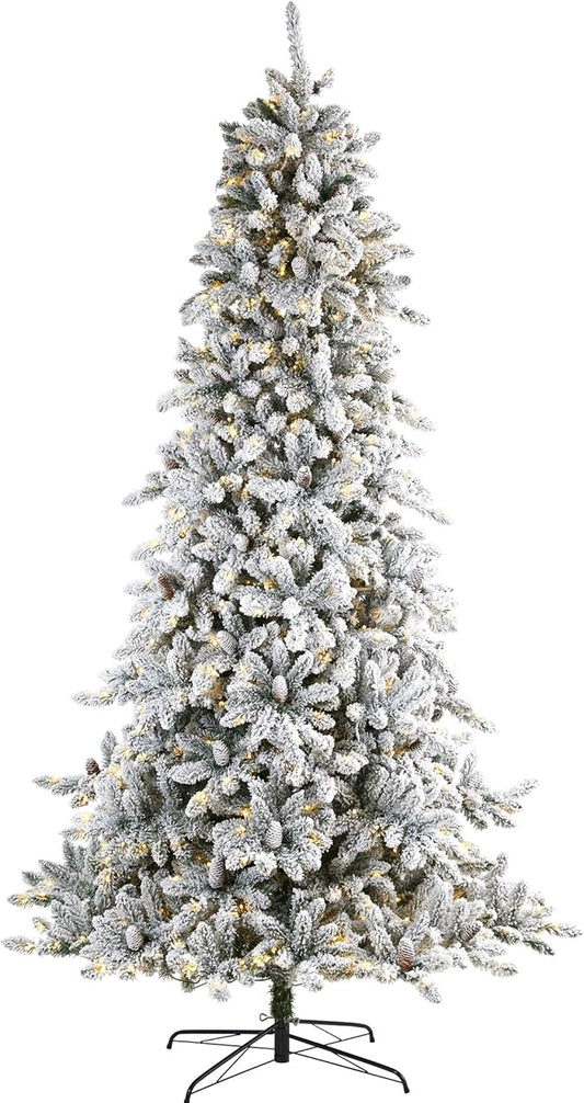 Nearly Natural 9ft. Flocked Livingston Fir Artificial Christmas Tree with Pine Cones and 650 Clear Warm LED Lights