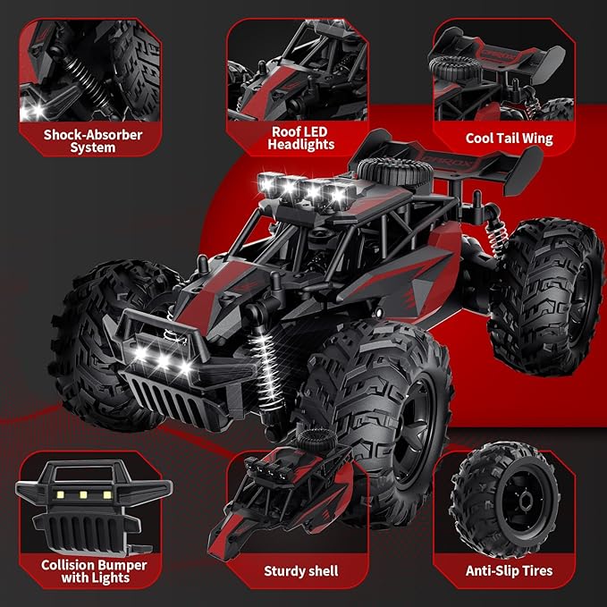 Carox Remote Control Car, 2.4GHz 25KM/H High Speed RC Car, 1:18 Off-Road Monster Truck with LED Lights and 1800mAh Rechargeable Battery – Ideal Gift for Boys 6+