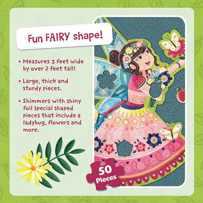 Peaceable Kingdom Shimmer & Glitter Fairy Floor Puzzle – 50pc Giant Floor Puzzle for Kids Ages 5 & up – Fun-Shaped Puzzle Pieces – Great for classrooms