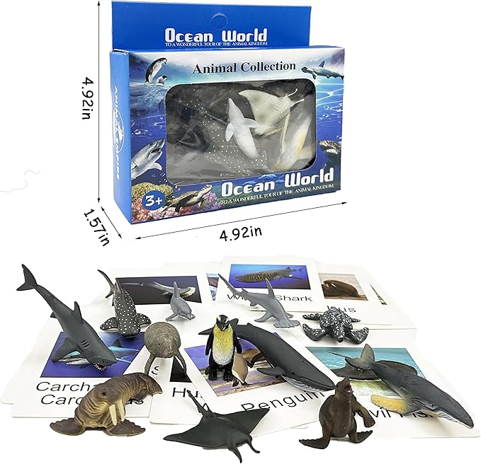 Mbrain 24 Pcs Plastic Realistic Small Safari & Ocean Animal Figures with Flash Cards, Learning & Montessori Toys for 3-5 Year Olds