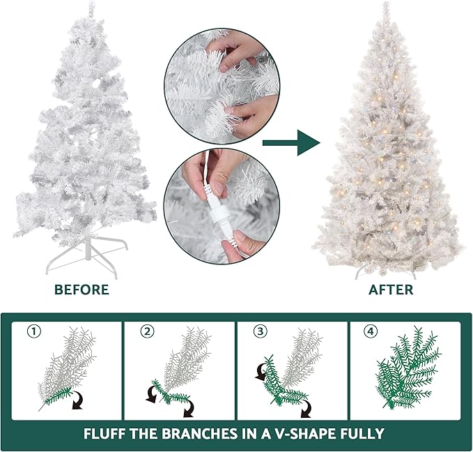 Annecy 6ft Pre-Lit Christmas Tree, White Artificial Full Spruce Christmas Tree for Home, Office, Party Decoration w/ 970 Branch Tips, 250 Warm White & Multi-Color Lights, Metal Hinges & Base,White 6ft