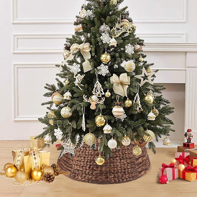 Christmas Tree Collar 24'' D Handmade Hyacinth Tree Collar Basket Rattan Wicker Christmas Woven Tree Ring Stand Base Cover for Christmas Holiday Decoration-Round Brown