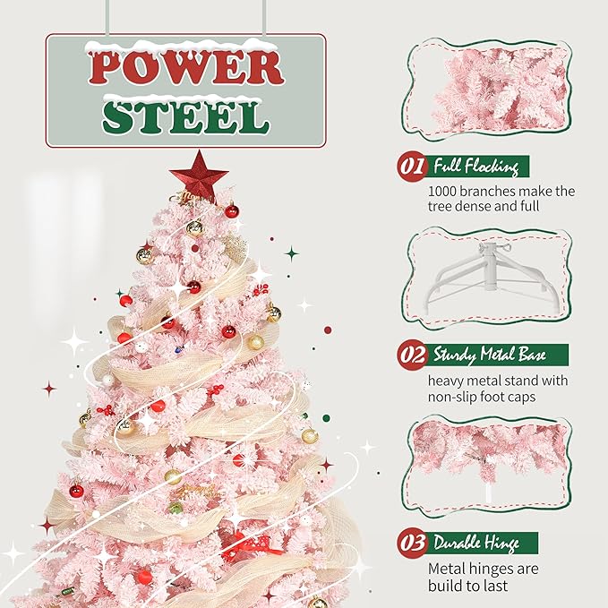 6FT Pink Premium Artificial Holiday Christmas Tree, Snow-Flocked Pine Tree with 1000+ Branch Tips, Metal Stand and Hinged Branches for Indoor and Outdoor