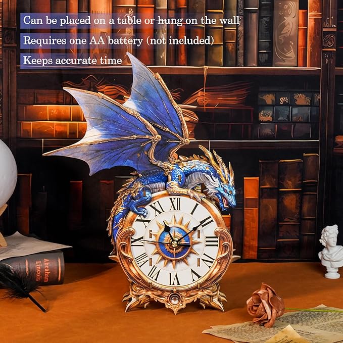 3D Puzzles for Adults Clock-Blue Dragon Design Model Kit-Mechanical DIY Pendulum Clock with Roman Numerals-Desk Home Office Decor Personalized Gift for DIY Lovers
