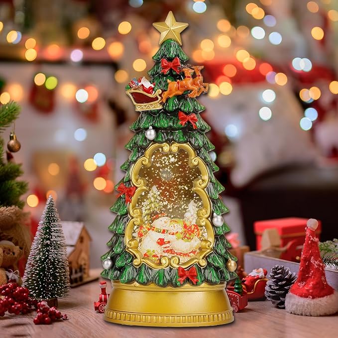 Christmas Snow Globe Lantern,Christmas Decorations Indoor for Home,with 6H Timer Musical Snow Globes,Battery or USB Powered Swirling Glitter Christmas Tree Snow Globes,Gifts,Snowman Skiing