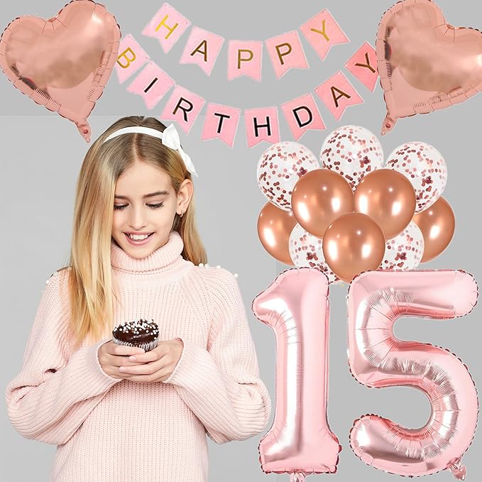 15th Birthday Decorations for Girls Rose Gold 15th Happy Birthday Tiara Sash Hello Fifteen Party Supplies Number 15 Balloons 15 Years Old Bday Party Kit for Her Girl (Rose gold)