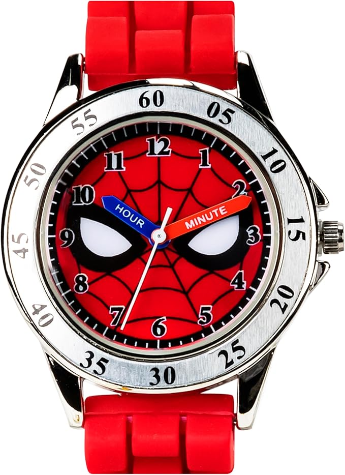 Accutime Spiderman Time Teacher Watch for Kids - Red Silicone Strap, Easy-to-Read Dial, Water Resistant, with Special Tin