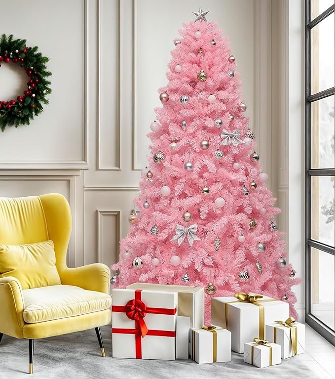 DWVO 6ft Pre-lit Christmas Tree with Lights, Pink Prelit Atificial Trees with 947 Tips & 250 UL Listed Lights, Automatic Branches & Easy Assembly for Home Party