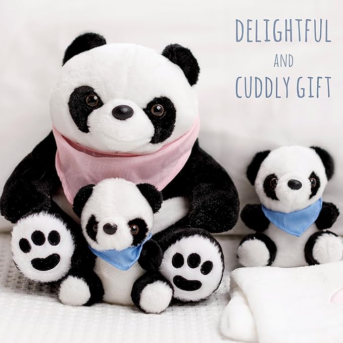 Perfectto Design Panda Stuffed Animal Bear Plush Toy for Girls 5 PCS Set - Mommy, 2 Babies, Bag, Blanket stuffies 3 4 5 Year Old Girl, Little Girls Birthday, Christmas Age 3-9