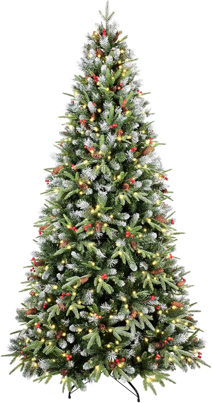 7.5Ft Pre-Lit Artificial Christmas Tree Fully Pre-Decorated with 2514 Flocked Frosted Tips, 83 Berries, 83 Pine Cones, 500 Lights, Realistic Xmas Tree with Metal Hinges& Floded Stand