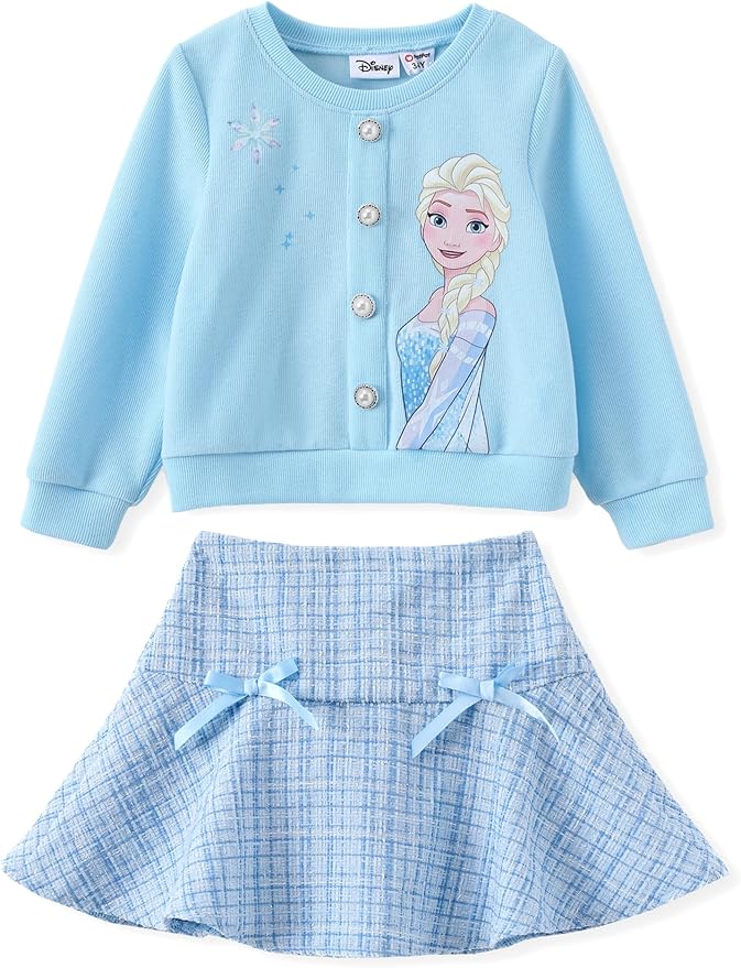 Disney Frozen Elsa Stitch Princess Moana Minnie Toddler Girl 2 Piece Outfit Kid Pearl Button Knit Top & Tweed Skirt Set 2-13Y