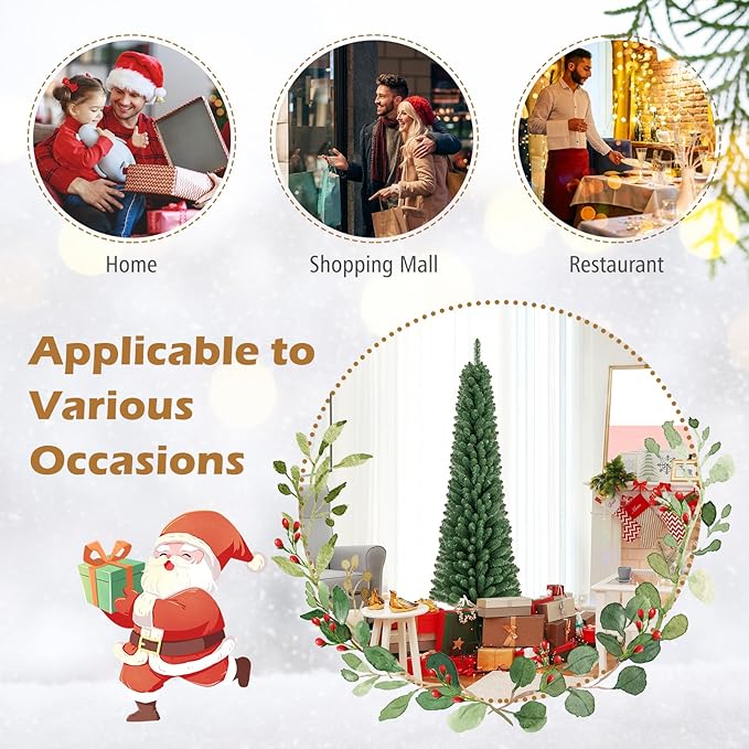 GOFLAME 6FT Pencil Christmas Tree, Slim Artificial Xmas Tree with 392 Memory Wire Branch Tips & Upgraded Metal Stand, Seasonal Holiday Decoration Tree for Home Office Party