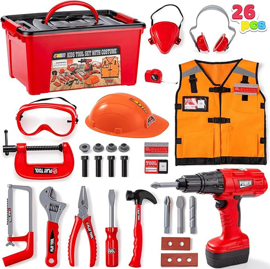 JOYIN 26Pcs Kid Tool Set, Pretend Play Toddler Tool Toy with Construction Worker Costume & Electronic Toy Drill in Storage Box for Boy Girl Halloween Present Birthday Dress Up Party