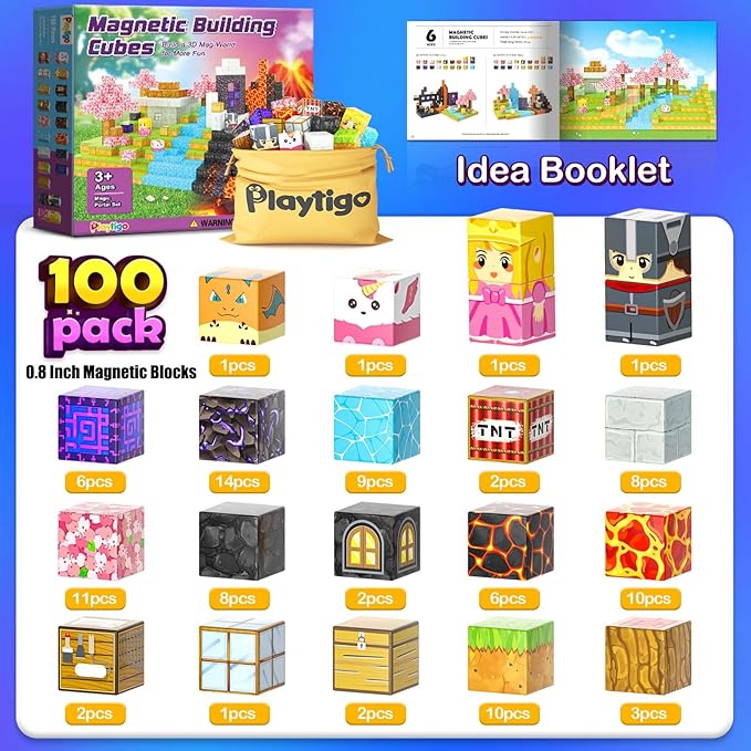 Magnetic Blocks- 100pcs Mine Magnet World Block Cubes Toys for Kids Ages 4-8 Magnetic Tiles Kids Sensory Birthday Gifts Game Toys for Boys & Girls Ages 3+