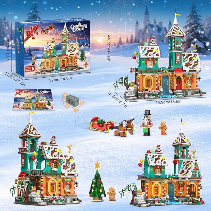 3 Style Christmas Gingerbread House Building Set with Lights - 2025 Holiday Castle Building Block Toy with Santa Claus Xmas Tree Gifts for Adults Teens Kids Girls Boy Ages 10+ (1976PCS)