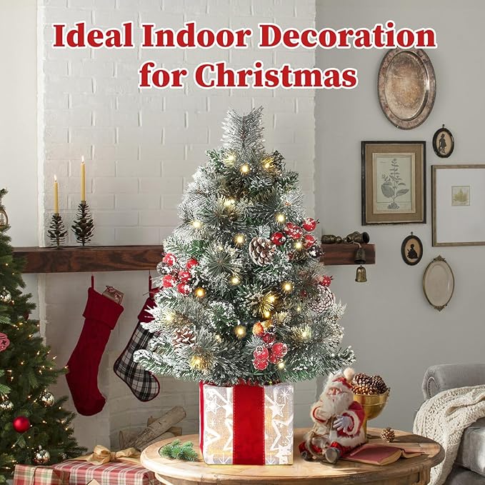 Brightever Small Christmas Tree, 2FT Prelit Mini Christmas Tree with 50 Multi-Color LED Lights, Unique Gift Box Base, Battery Operated Little Xmas Tree for Table Top, Pinecone & Berries Included