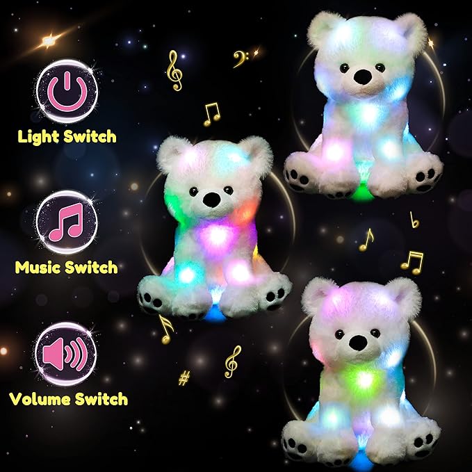 Hopearl LED Musical Stuffed Polar Bear Lighting Up Singing Plush Toy Adjustable Volume Lullaby Animated Soothe Birthday Festival for Kids Toddler Girls, White, 11''