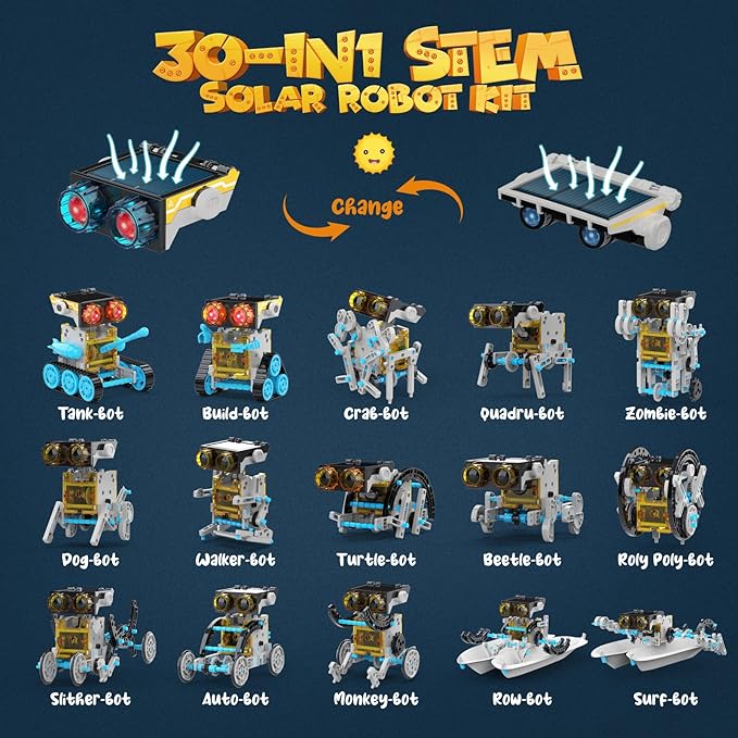 30-in-1 Solar Robot Kit - 243 Pieces, STEM Educational Building Set for Kids Aged 8-12, Science Experiment Gift for Birthdays (Blue)