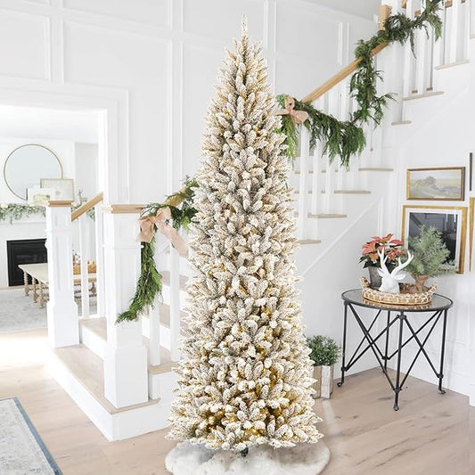 Glitzhome 9ft Prelit Christmas Tree, Snow Flocked Christmas Trees with 600 Warm White Lights, Pencil Christmas Tree Snowy Splendor Fir Artificial Tree w/1860 Branch Tips and Foldable Metal Stand
