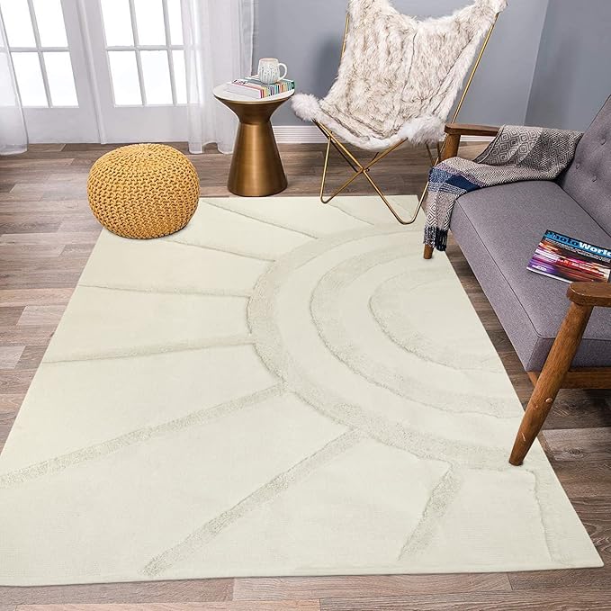 OJIA Boho Area Rug 4' X 6' Tufted Cotton Living Room Rug Hand Woven Machine Washable Rugs Farmhouse Tribal Sun Rug Floor Carpet Accent Rugs for Bedroom Nursery Room Dining Room