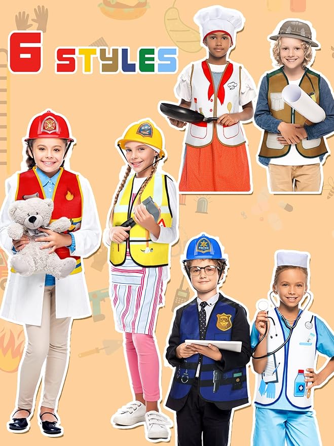 Hungdao 6 Sets Kids Dressing up Costumes, Toddler Dressing up and Pretend for Age 6-10 for Dress up Police,fireman, Doctor,construction Worker, Chef and Explorer