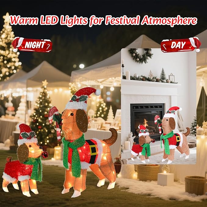 VCUTEKA 2FT Lighted Outdoor Christmas Beagle Decoration, Adorable Dog Set with LED Lights, Glittered Holiday Display for Lawn, Garden, Yard or Home Christmas Décor