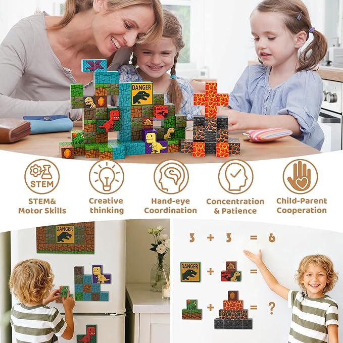 100 PCS Magnetic Blocks for Kids Ages 3 4 5 6 7 8 9 10, STEM Sensory Building Toys, Dinosaur Magnetic Toys, Christmas Birthday Gifts for Toddlers Boys & Girls
