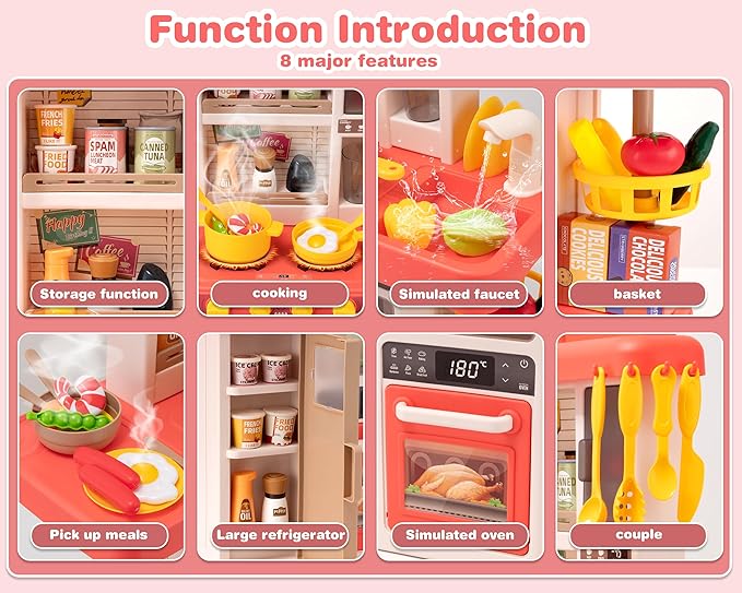Kids Kitchen Play Set，Interactive Kids Kitchen Play Set with 50Pcs of Pretend Kitchen Toys，Realistic Sound Effects，and Simulated Functionality - Suitable for Toddlers Aged 3-5 Years(Pink)