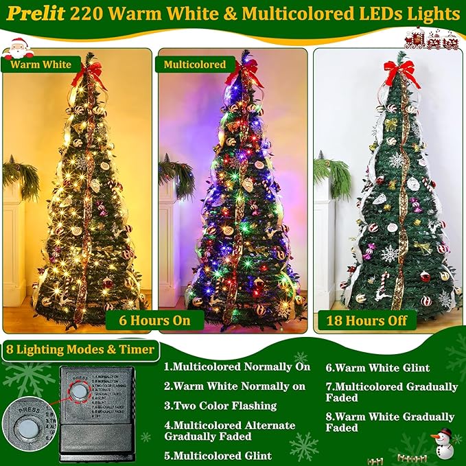 6.5 FT Prelit Pop Up Christmas Tree with 220 Warm White & Multicolor Lights 8 Modes & Timer Fully Decorated 103 Ornaments, Collapsible Pull Up Christmas Tree with Lights for Indoor Home Party Decor