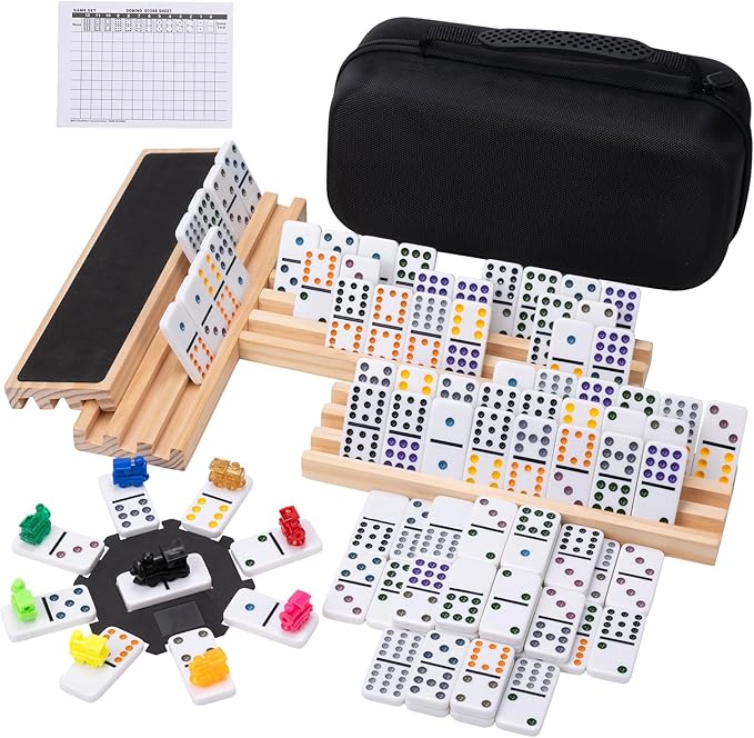 Mexican Train Double 12 Dominoes Set - 91 Tiles with 4 Wooden Trays & Travel Case, Family Board Game for Adults Kids Party Travel