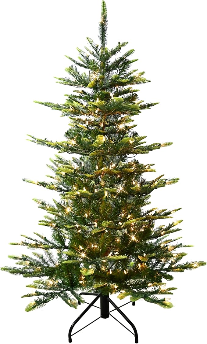 Puleo International 4.5ft Pre-Lit Aspen Fir Artificial Christmas Tree with 250 Clear Lights, 411 Realistic Dense Branch Tips, Easy Setup Artificial Trees with Sturdy Metal Stand