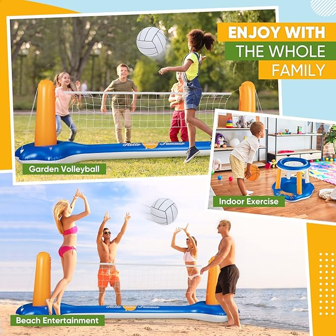 10.4' Larger Pool Volleyball Set & Basketball Hoop - 2024 NEW Pool Volleyball Net for Inground Pools Includes 2 Balls & 2 Weight Bags, Pool Toys Games for Adults and Family Party - Idea Summer Gift