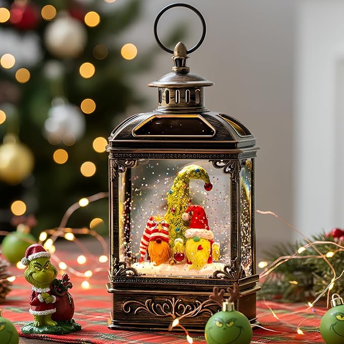 Musical Snow Globe Lantern Lighted Whimsical Christmas Tree & Gnomes Santa Elf Snow Water Lantern with Swirling Glittering Home Decoration and Gift, Battery Operated or USB Powered