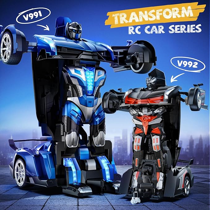 V991 Transform Remote Control Car, 1:10 Big Size, 2 Rechargeable Batteries for 70Min, 2.4GHz Gesture Sensing, One-Key Deformation, Robot Toys Gifts for Boys and Girls (Blue)